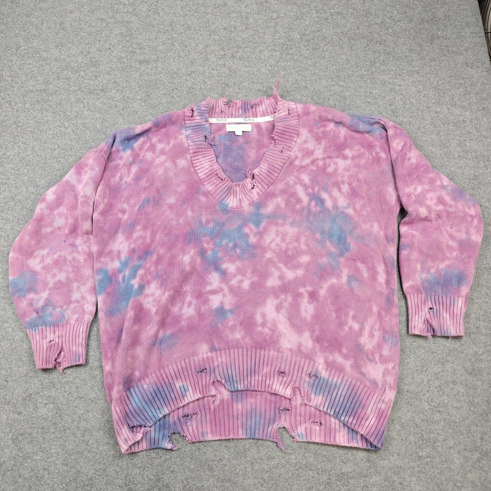 Spiritual Gangster Sweater Womens Medium Pink Purple Tie Dye V Neck Distressed